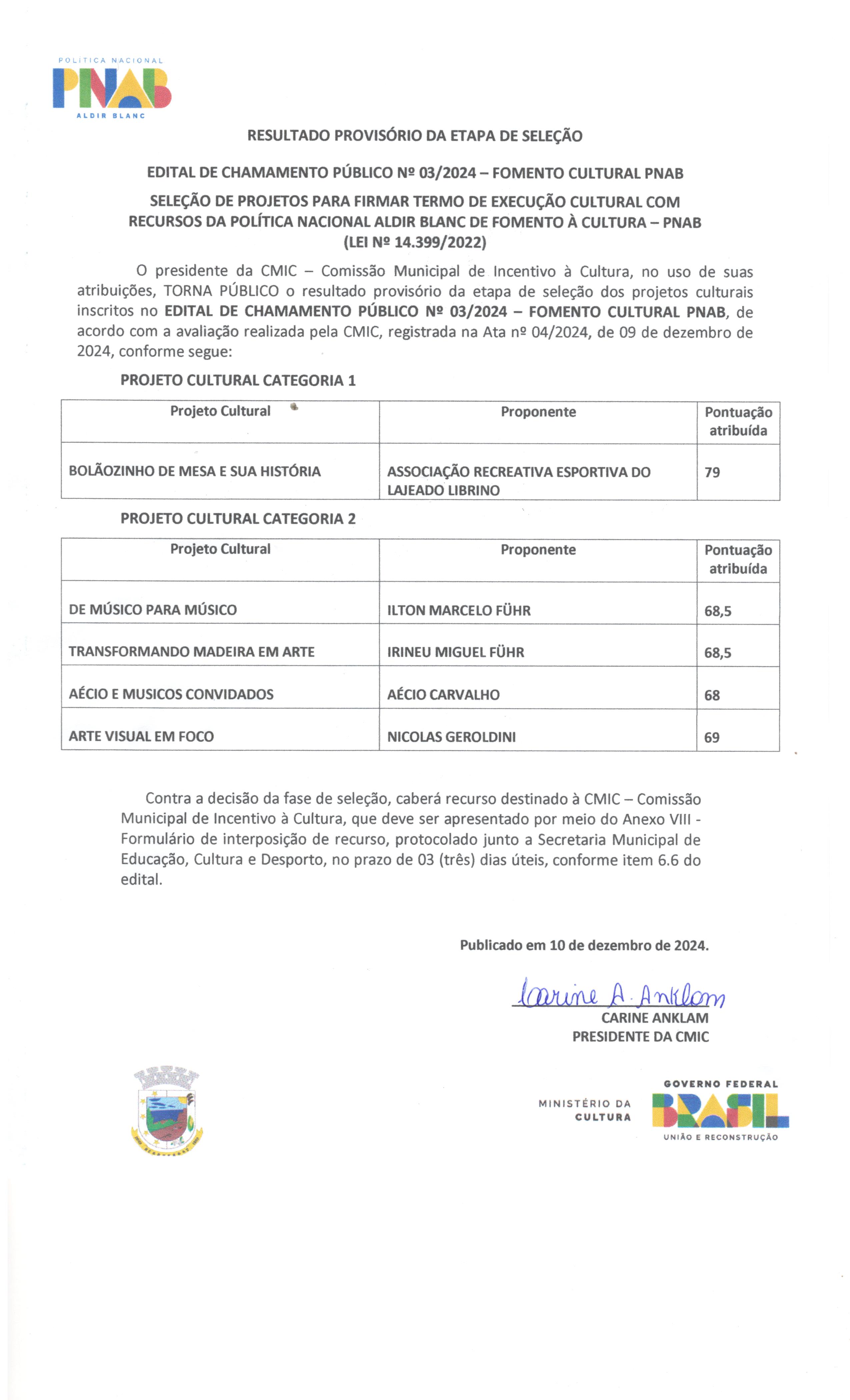 Resultado Provisório da Etapa de Seleção dos projetos do Edital 03 2024